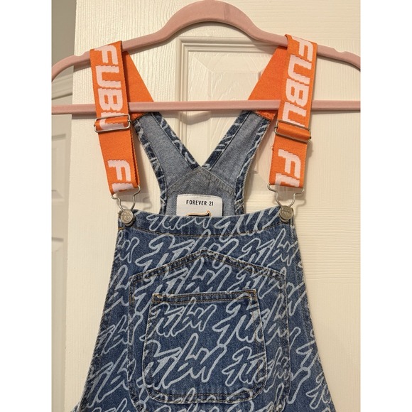 FUBU X Forever 21 Pants - Fubu x Forever 21 Denim Overalls All Over Print 05 Orange Straps Y2K Women Sz S